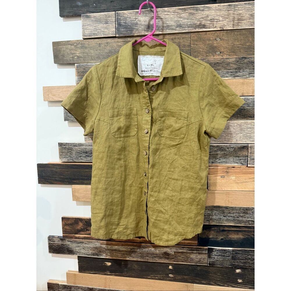 NotPerfectLinen olive green linen button front shirt blouse top size M